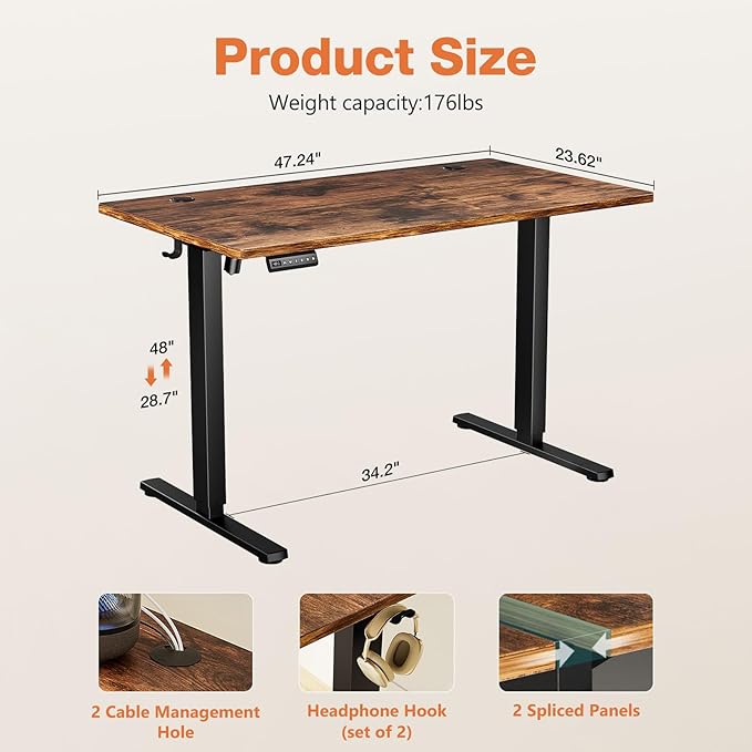 Sweetcrispy Electric Adjustable Height Standing Desk - 48 x 24 inch Sit to Stand Up Desk with Splice Board, Rising Home Office Computer Table with 2 Hook and Wire Hole for Work - LeafyLoom