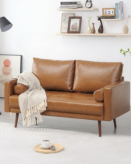 Vonanda 56" Loveseat Small Couch, Mid-Century 2 Seater Sofa Faux Leather Couch with Hand-Stitched Comfort Cushion and Bolster Pillows for Living Room, Loveseat Cognac Tan - LeafyLoom