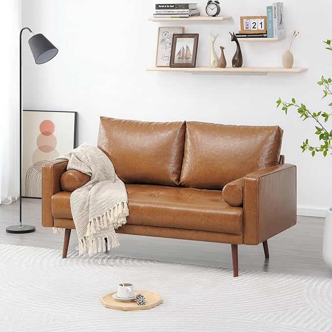 Vonanda 56" Loveseat Small Couch, Mid-Century 2 Seater Sofa Faux Leather Couch with Hand-Stitched Comfort Cushion and Bolster Pillows for Living Room, Loveseat Cognac Tan - LeafyLoom