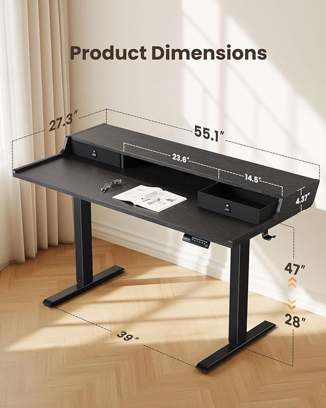 ErGear Electric Standing Desk with Drawers, 55″ x 28″ Gaming Desk with Monitor Stand, C-Clamp Mount Compatible, Home Office Height-Adjustable Desk with Storage Shelf, 4 Preset Heights, Black, EGESD37B - LeafyLoom