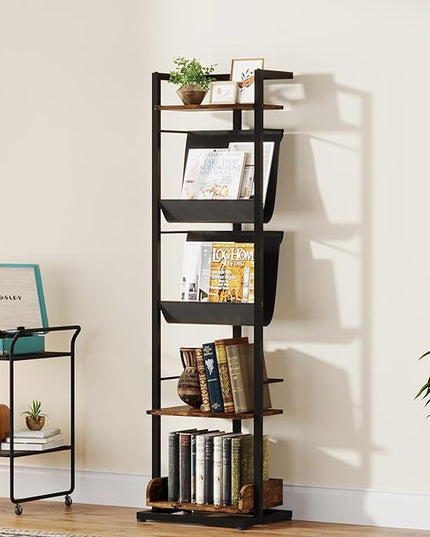 Bookshelf 5-Tier Book shelf: Tall Narrow Bookshelf Bookcase, Industrial Modern Sturdy Display Bookshelves for Small Spaces, Rustic Brown - LeafyLoom
