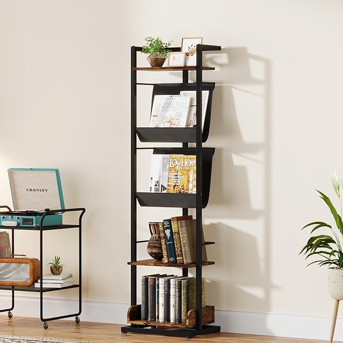 Bookshelf 5-Tier Book shelf: Tall Narrow Bookshelf Bookcase, Industrial Modern Sturdy Display Bookshelves for Small Spaces, Rustic Brown - LeafyLoom