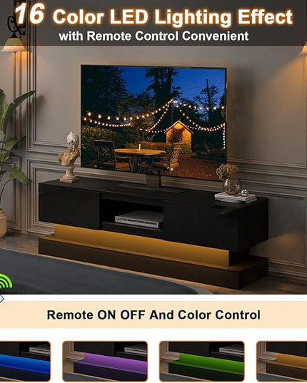 Black TV Stand Modern - TV Stands with Led Lights and Storage Drawers for TVs up to 55 Inch - Gaming TV Entertainment Stand for Living Room, Bedroom - LeafyLoom