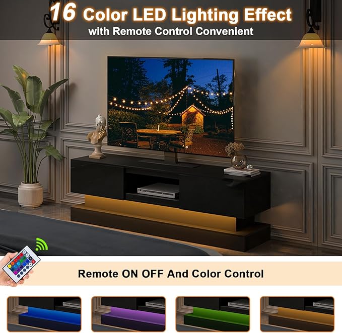 Black TV Stand Modern - TV Stands with Led Lights and Storage Drawers for TVs up to 55 Inch - Gaming TV Entertainment Stand for Living Room, Bedroom - LeafyLoom