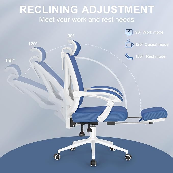 Misolant Ergonomic Office Chair with Footrest, Ergonomic Desk Chair with Adjustable 2D Lumbar Support, High Back Office Chair with Adjustable Headrest, Comfortable Office Chair Navy Blue - LeafyLoom
