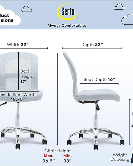 Serta Essential Armless Desk Chair Small TaskChair with Wheels, Breathable Mesh Back, SertaQuality Foam Cushion Seat for Comfort, Functional, Lightweight and Versatile, Task, Sky Blue - LeafyLoom