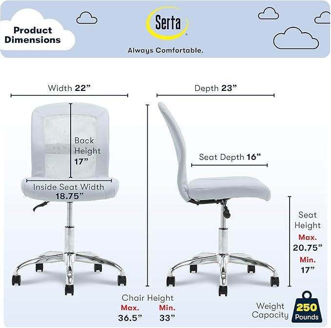 Serta Essential Armless Desk Chair Small TaskChair with Wheels, Breathable Mesh Back, SertaQuality Foam Cushion Seat for Comfort, Functional, Lightweight and Versatile, Task, Sky Blue - LeafyLoom