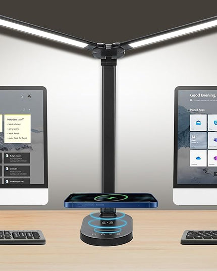 Lightess LED Desk Lamp with Wireless Charger, USB Charging Port, Adjustable Foldable Dual Swing Arm Desk Light Dimmable Eye-Caring Desk Lamp, Touch Control, Home Office Desk Lights for Work Study - LeafyLoom