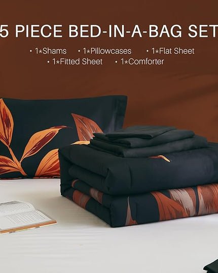 WRENSONGE Twin Comforter Set, 5 Pieces Black Red Floral Comforter Set with Sheets, Red Leaf Bedding Set, Twin Bed in a Bag, Soft Breathable Microfiber for All Seasons - LeafyLoom