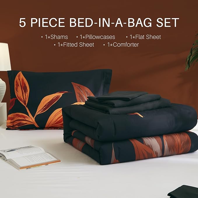WRENSONGE Twin Comforter Set, 5 Pieces Black Red Floral Comforter Set with Sheets, Red Leaf Bedding Set, Twin Bed in a Bag, Soft Breathable Microfiber for All Seasons - LeafyLoom