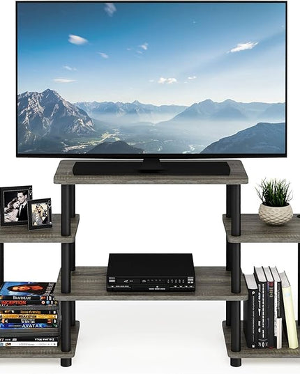 Furinno Turn-N-Tube No Tools Entertainment Center, Round Square Corner, French Oak Grey/Black - LeafyLoom