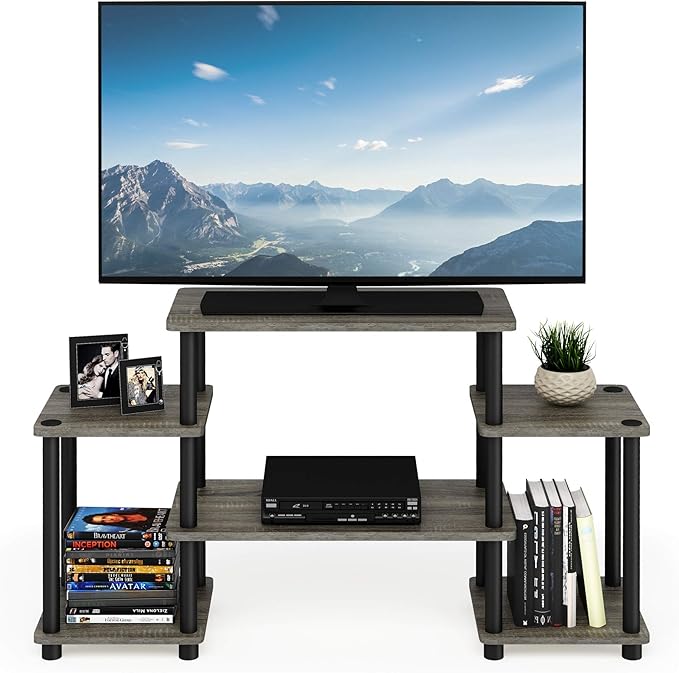 Furinno Turn-N-Tube No Tools Entertainment Center, Round Square Corner, French Oak Grey/Black - LeafyLoom