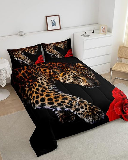 Erosebridal Red Rose Cheetah Comforter Set Full Size Leopard Print Comforter Rose Flower Down Comforter for Kids Boys Girls Youth Men Women African Savanna Wildlife Animal Theme Duvet Set, Red Black - LeafyLoom
