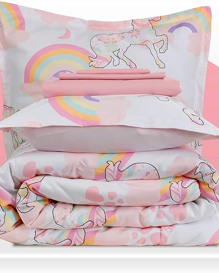 SLEEP ZONE Kids Bedding Comforter Set Full/Queen Size - Super Cute & Soft Kids Bedding 7 Pieces Set with Comforter, Sheet, Pillowcase & Sham (Pink Unicorn) - LeafyLoom