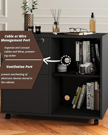 Maxtown Wood Filing Cabinet, Mobile Lateral Filing Cabinet with Lock, 3 Drawer Filing Cabinet with Open Storage Shelves, Printer Stand with Storage, Oak Grain - LeafyLoom