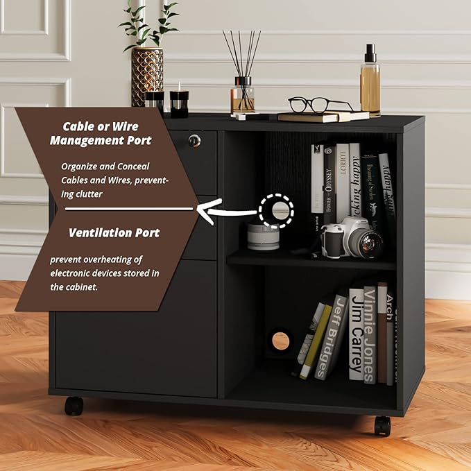 Maxtown Wood Filing Cabinet, Mobile Lateral Filing Cabinet with Lock, 3 Drawer Filing Cabinet with Open Storage Shelves, Printer Stand with Storage, Oak Grain - LeafyLoom