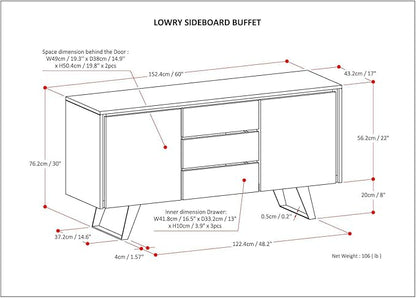 SIMPLIHOME Lowry 60 Inch Wide Rectangle Modern Industrial Sideboard Buffet in WALNUT WOOD, For the Dining Room and Kitchen - LeafyLoom