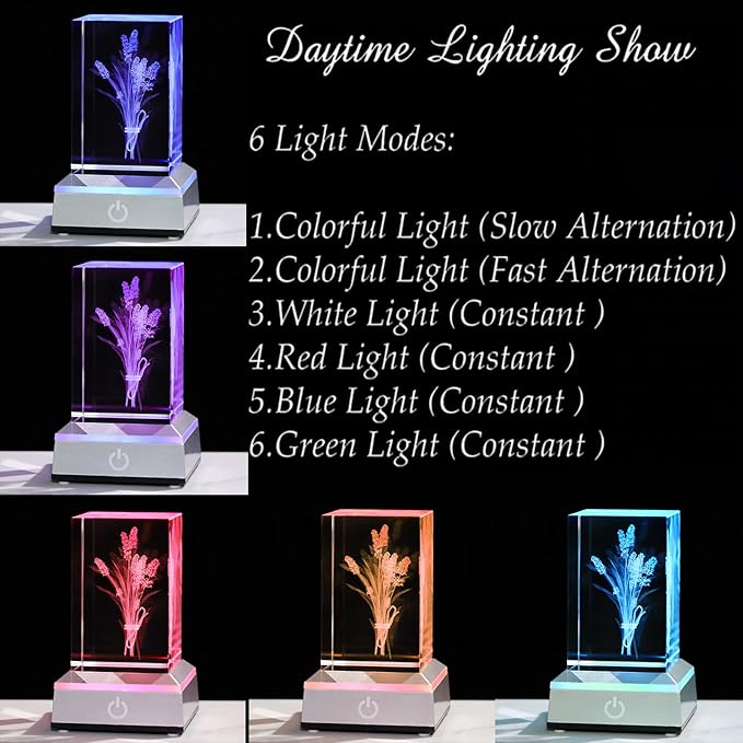3D Crystal Lavender Gifts For Women - Lavender Flowers with Colorful Light Base Laser Engraved - Fake Flower Lavender Figurines Room Party Classroom Nature Decor Lavendar Statue Decorative Birthday De - LeafyLoom