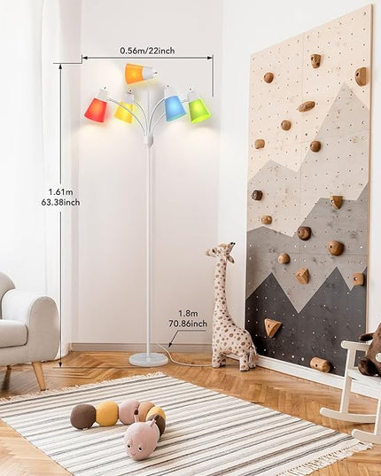 FOLKSMATE Floor Lamp, Medusa Multi Head Modern Tall Standing Lamps, Rustic Adjustable Gooseneck LED Reading Light for Living Room, Bedroom, Kids 5 White & Colored Lamp Shades, White - LeafyLoom