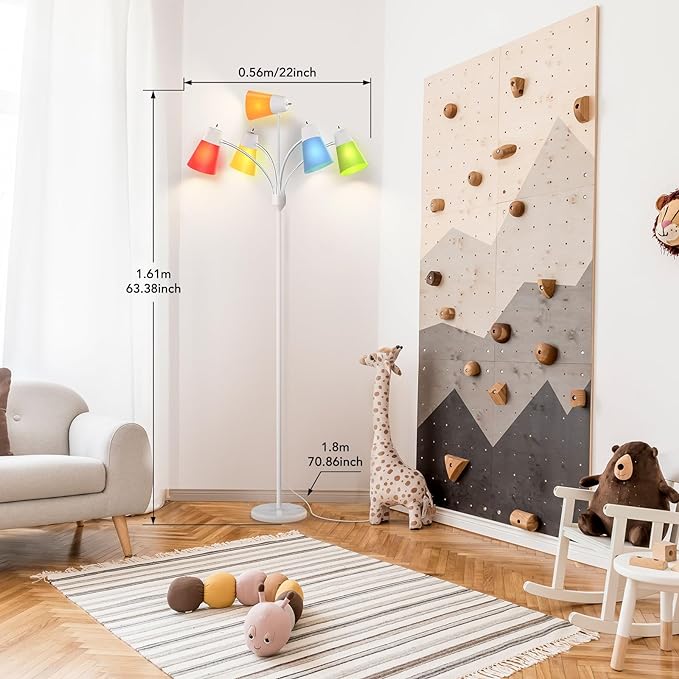 FOLKSMATE Floor Lamp, Medusa Multi Head Modern Tall Standing Lamps, Rustic Adjustable Gooseneck LED Reading Light for Living Room, Bedroom, Kids 5 White & Colored Lamp Shades, White - LeafyLoom