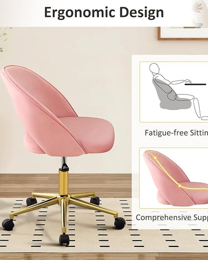 Furniliving Pink Vanity Chair, Cute Desk Chairs for Girls with Back, Rolling Upholstered Accent Chair for Living Room/Makeup Room/Bedroom, Pink - LeafyLoom