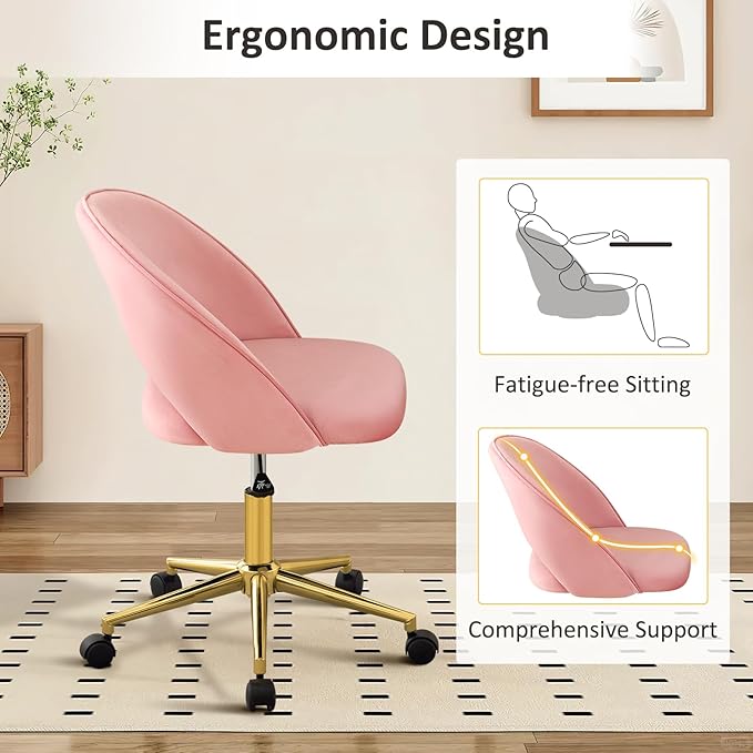 Furniliving Pink Vanity Chair, Cute Desk Chairs for Girls with Back, Rolling Upholstered Accent Chair for Living Room/Makeup Room/Bedroom, Pink - LeafyLoom