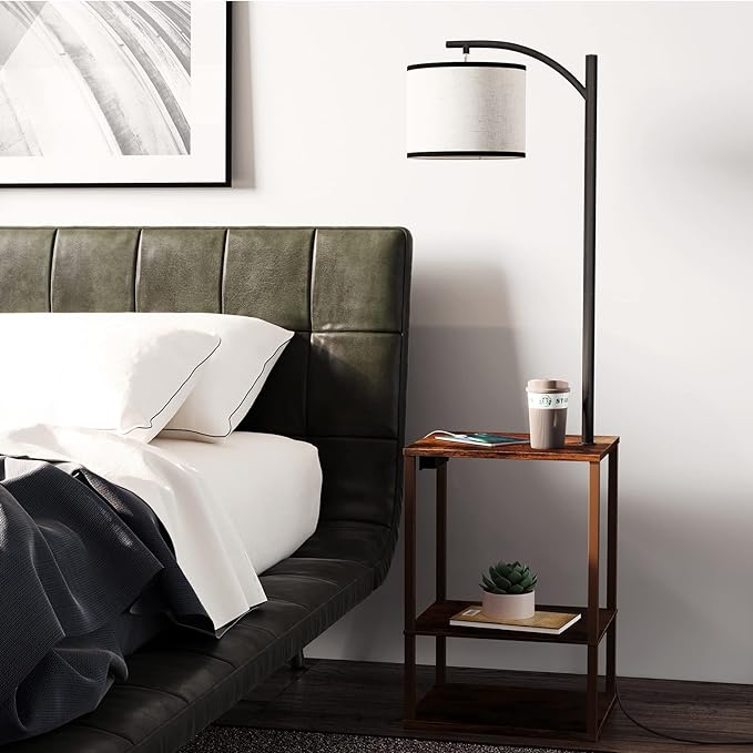 SUNMORY Rustic End Table Lamp with Table, Shelves, Charging Station(USB & AC Port) 3-Color Temperature LED Bulb For Floor, Living Room &, Bedroom(Brown) - LeafyLoom
