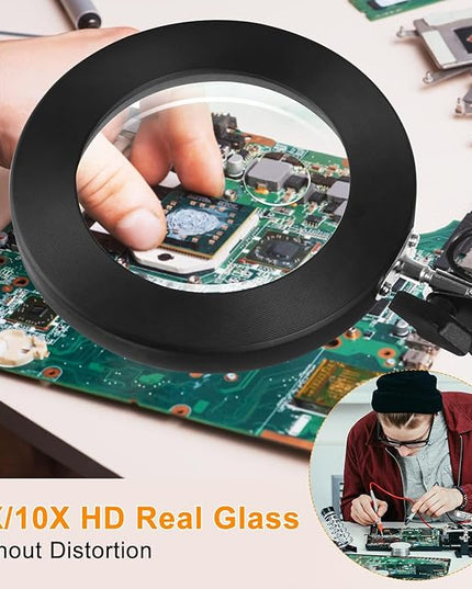 Magnifying Glass with Light and Stand,2-in-1 Lighted Magnifier Deskop lamp with Clamp,5X&10x Real Glass 3 Color Stepless Dimmable Magnifying Desk Lamp for Close Works Reading Crafts Hobby Soldering - LeafyLoom