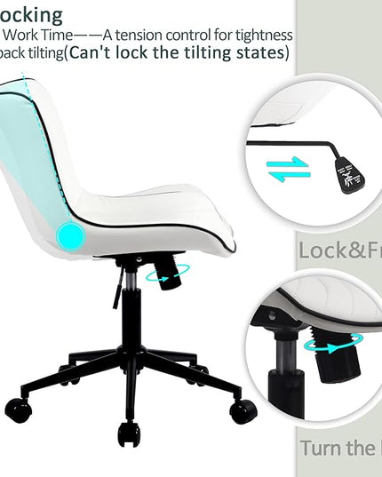 YOUTASTE Office Chair Modern Armless Desk Chair, Height Adjustable Swivel Rocking Computer Task Chair, Faux Leather Sewing Chairs with Wheels, Stylish Lounge Vanity Chair,White - LeafyLoom