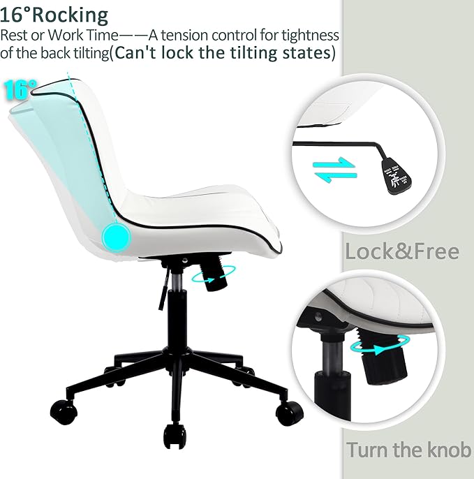 YOUTASTE Office Chair Modern Armless Desk Chair, Height Adjustable Swivel Rocking Computer Task Chair, Faux Leather Sewing Chairs with Wheels, Stylish Lounge Vanity Chair,White - LeafyLoom