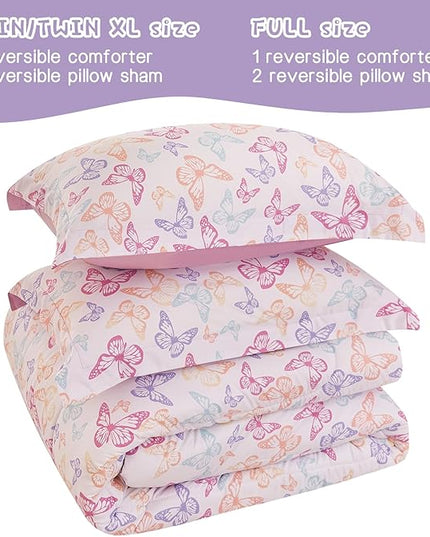 Butterfly Kids Comforter Set for Girls Twin, Cute Reversible Quilted Lavender Printed Bedding Set with Pillow Sham, Lightweight Soft Breathable Machine Washable Bed Set 2 Piece - LeafyLoom