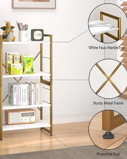 4 Tiers Bookshelf Adjustable White Faux Marble Organizer, Modern Small Bookcase for Small Space,Industrial Wooden Storage Display Rack and Storage Organizer for Living Room Home Office(Glod) - LeafyLoom