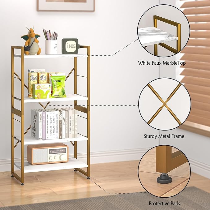 4 Tiers Bookshelf Adjustable White Faux Marble Organizer, Modern Small Bookcase for Small Space,Industrial Wooden Storage Display Rack and Storage Organizer for Living Room Home Office(Glod) - LeafyLoom