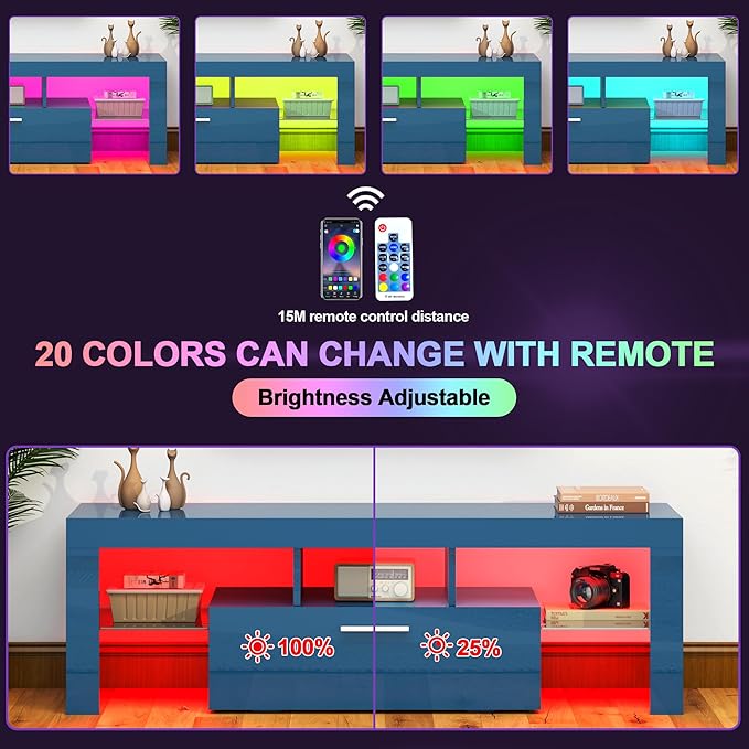 Clikuutory Blue LED TV Stand with Large Storage Drawer for 32 40 50 55 Inch TVs, Modern High gloss TV Console Table with Entertainment Center for Living Room, Bedroom, Blue - LeafyLoom