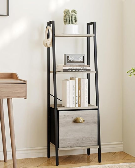 Narrow Bookshelf Bookcase with Drawer, Ladder Shelf with 2 Hooks, Bookshelves Storage Organizer, Freestanding Display Standing for Home Office, Bedroom, 4 Tier Greige BC19405B - LeafyLoom