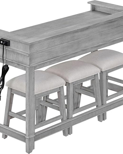 NicBex Kitchen Table Chairs Set of 4 Dining Table Set 4-Piece Dining Bar Table Set with 3 Upholstered Stools, Multifunctional Dining Table with 3 Drawers for Living Room, Gray - LeafyLoom