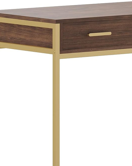 Martha Stewart Ollie Home Office Desk with 3 Drawers in Walnut Wood Grain with Polished Brass Hardware - LeafyLoom