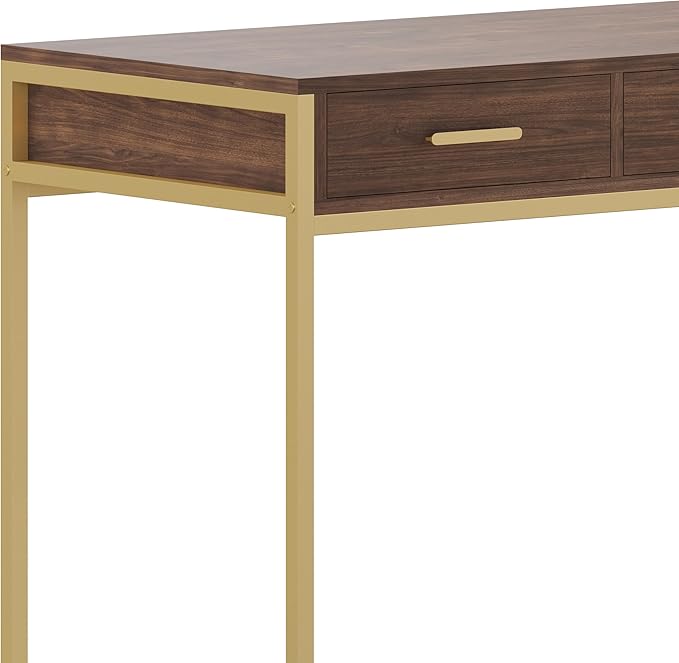 Martha Stewart Ollie Home Office Desk with 3 Drawers in Walnut Wood Grain with Polished Brass Hardware - LeafyLoom