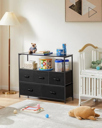 ANTONIA TV Stand Dresser for Bedroom with 5 Fabric Drawer,Entertainment Center for 45 inch Television, Media Console Table with Storage, Open Shelf, Adjustable Feet, Living Room Furniture, Black - LeafyLoom