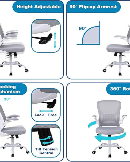 Mesh Office Chair, Ergonomic Computer Chair with Flip-up Arms and Lumbar Support, Height Adjustable Home Office Desk Chairs, Grey - LeafyLoom