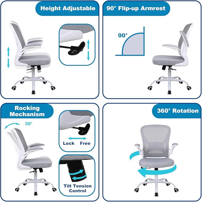 Mesh Office Chair, Ergonomic Computer Chair with Flip-up Arms and Lumbar Support, Height Adjustable Home Office Desk Chairs, Grey - LeafyLoom
