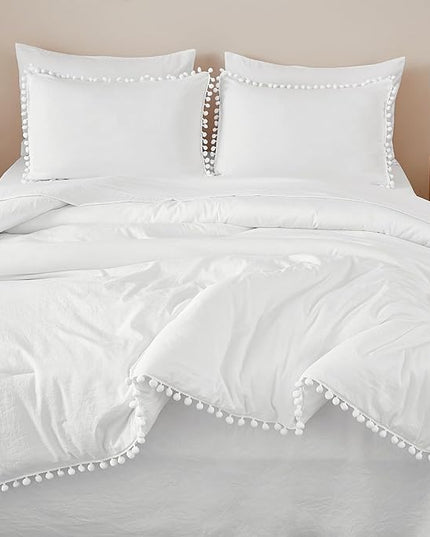 Litanika California King Comforter Set White,3 Pieces White Boho Pom Pom Lightweight Bed Comforter, All Season Soft Solid Color Bedding Comforter Sets (1 Comforter 104x96 Inch, 2 Pillowcases) - LeafyLoom