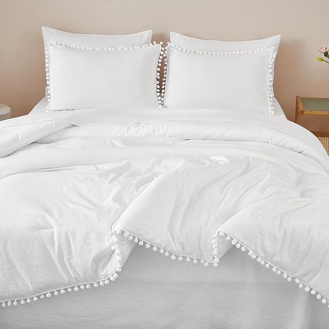 Litanika California King Comforter Set White,3 Pieces White Boho Pom Pom Lightweight Bed Comforter, All Season Soft Solid Color Bedding Comforter Sets (1 Comforter 104x96 Inch, 2 Pillowcases) - LeafyLoom