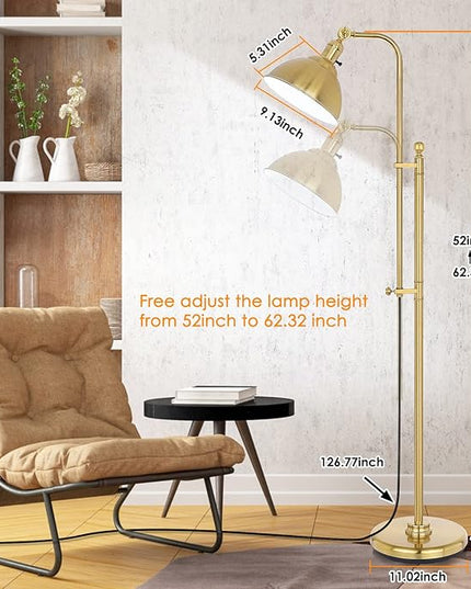 Gold Floor Lamp, 3 Color Temperature Standing Tall Pole Lamps, Adjustable Height & Head Reading Lamp, Industrial Floor lamps for Living Room, Bedroom, Office - LeafyLoom