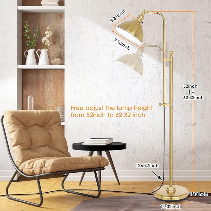 Gold Floor Lamp, 3 Color Temperature Standing Tall Pole Lamps, Adjustable Height & Head Reading Lamp, Industrial Floor lamps for Living Room, Bedroom, Office - LeafyLoom