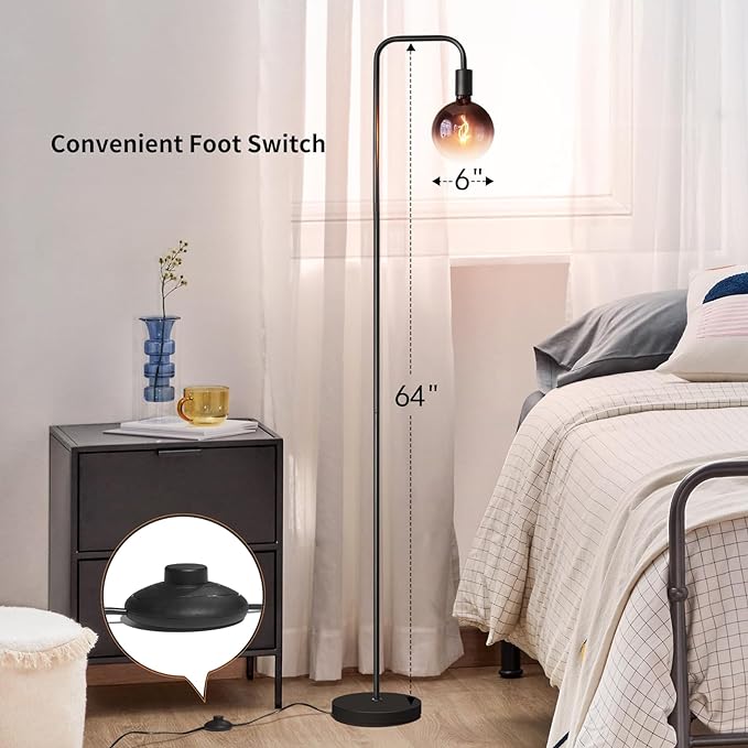 Floor Lamp for Living Room - Minimalist Industrial Standing Lamp with Modern LED Bulb, Globe Black Clear Glass 6", 1800K Warm Ambiant Lighting Decorative Tall Floor Lamp for Bedroom Office - LeafyLoom