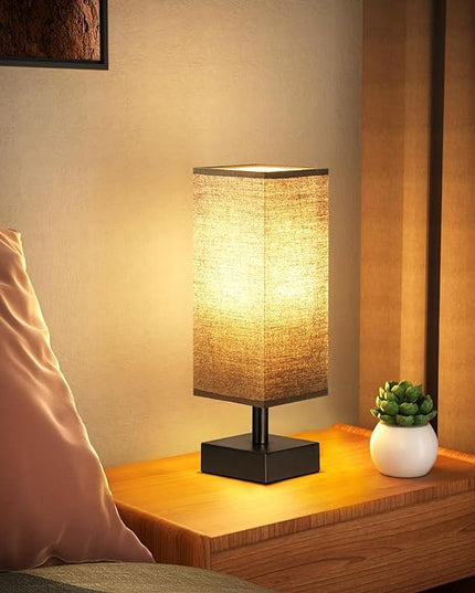 Black Small Table Lamp for Bedroom - Bedside Lamps for Nightstand, Minimalist Night Stand Light Lamp with Square Fabric Shade, Desk Reading Lamp for Kids Room Living Room Office - LeafyLoom