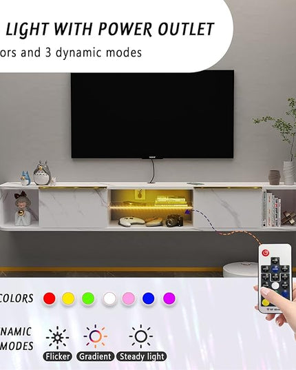 Pmnianhua LED Floating TV Stand with 2 Drawers,78'' Floating TV Shelf with LED Lights,Wall Mounted Media Console,Floating Entertainment Center with Storage for Bedroom Playroom Living Room(White) - LeafyLoom