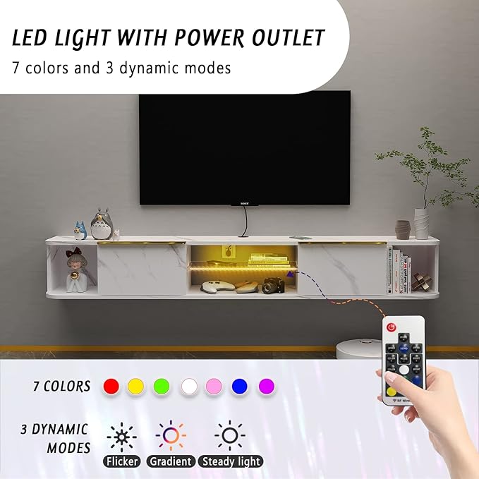Pmnianhua LED Floating TV Stand with 2 Drawers,78'' Floating TV Shelf with LED Lights,Wall Mounted Media Console,Floating Entertainment Center with Storage for Bedroom Playroom Living Room(White) - LeafyLoom
