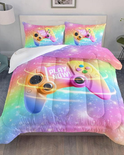 Datura home Bedding Comforter Set Rainbow Gamepad Printed Pattern Quilt with 1 and 2 Pillowcases for Girls Bedroom All Season(Rainbow Queen) Queen 90x90inches - LeafyLoom